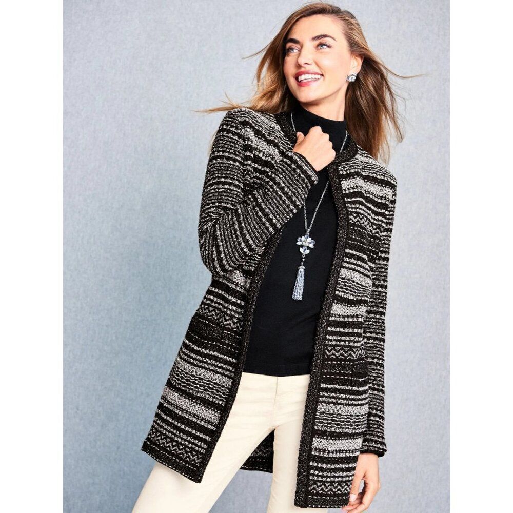 Talbots Sweater Womens Black Cardigan Striped S Metallic Chunky Knit Mid Length